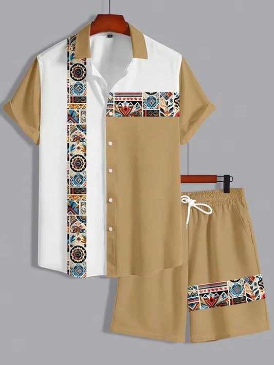 Summer Men's Short Sleeve Shirt And Beach Shorts Set Ethnic Print Outdoor Street Men's Fashion Shorts Men's Short Sleeve Shirt