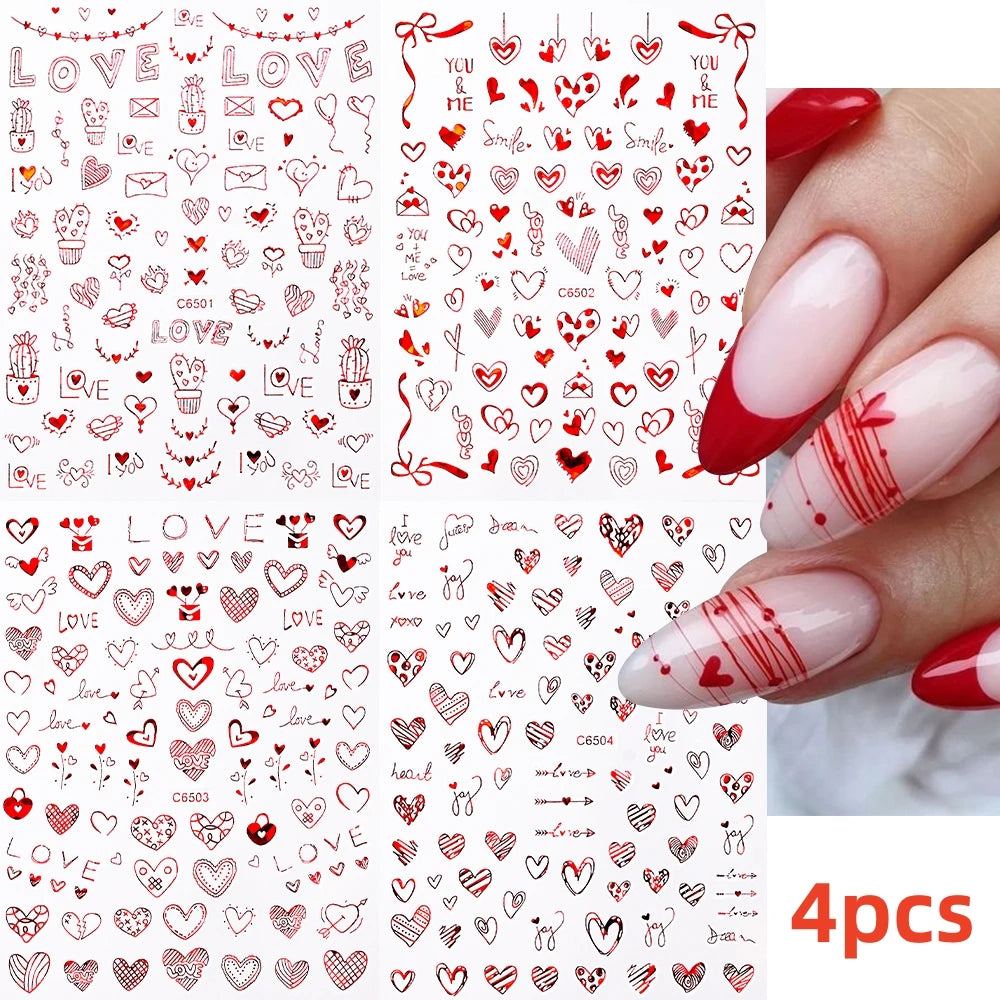 8Pcs Red Heart Nail Stickers 3D Bronzing Silver Gold Heart Shape Star & Moon Metal Totem Nail Slider Self-Adhesive DIY Nail Art*