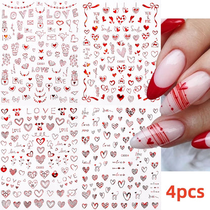 8Pcs Red Heart Nail Stickers 3D Bronzing Silver Gold Heart Shape Star & Moon Metal Totem Nail Slider Self-Adhesive DIY Nail Art*