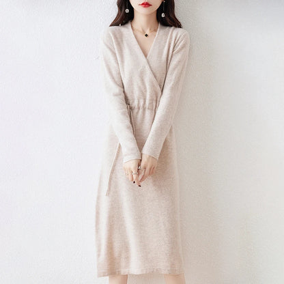 100% Wool Knitting Dresses Women 2023  Winter New Fashion Length-keen Warm&Best Quality Female V-neck Cloth Chinese Style Skirt