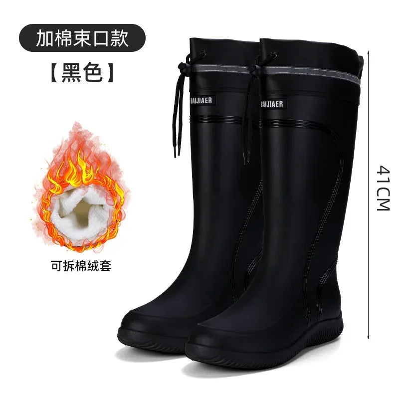 Men's Rain Boots Long Tube Water Shoes Non-slip Waterproof Safety Work Shoes Black Red Platform Cotton high-top outer wear